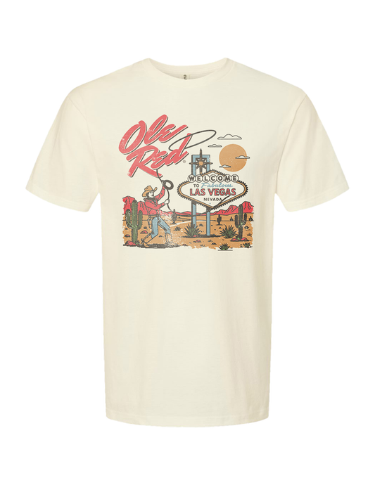 Beige t-shirt with 'Old Red' Las Vegas graphic design on a white background