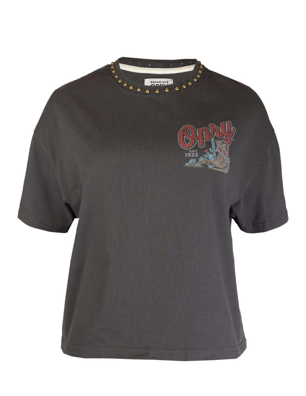 Opry Women’s Step Into The Circle Studded Boxy T-Shirt - CHARCOAL / XS - CREWS