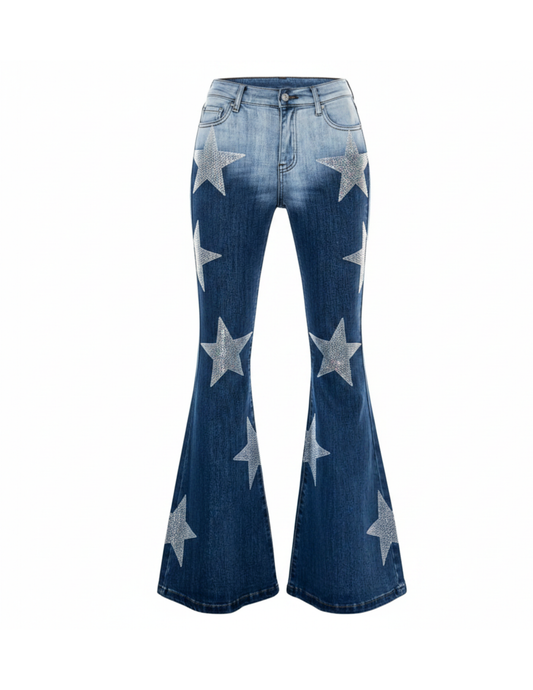 Rhinestone Star Bell Bottom Jeans - PANTS