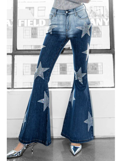 Rhinestone Star Bell Bottom Jeans - PANTS