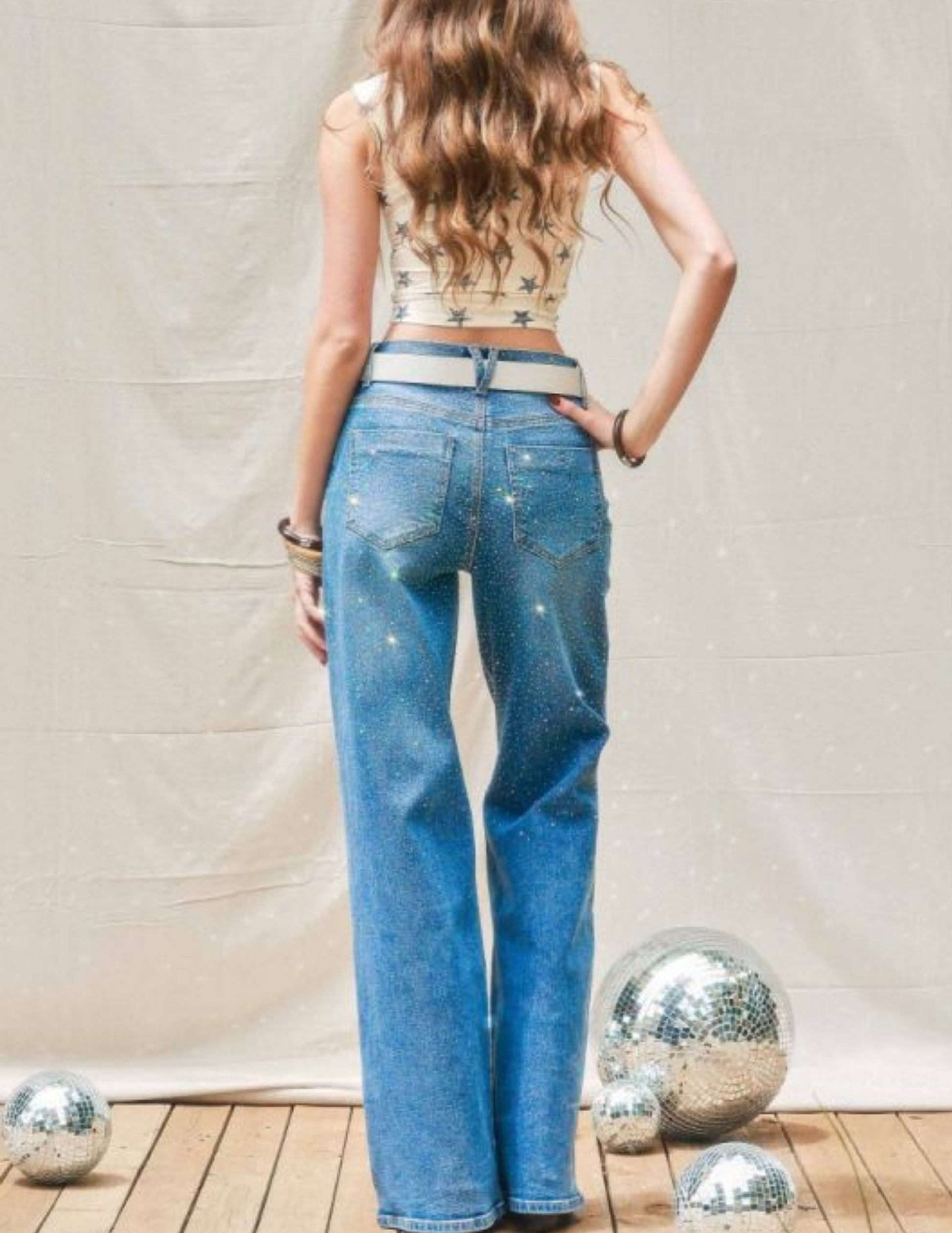 Rhinestone Wide Leg Denim Jeans - PANTS
