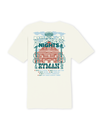 White t-shirt with 'Bluegrass Nights' graphic design featuring The Ryman Auditorium on a white background