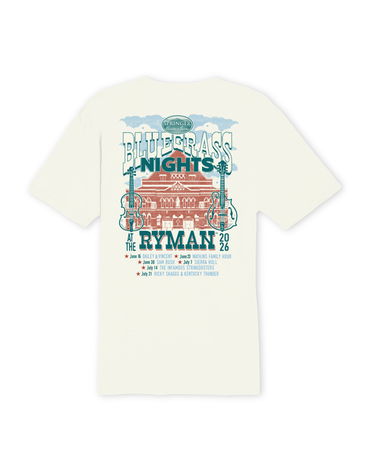 White t-shirt with 'Bluegrass Nights' graphic design featuring The Ryman Auditorium on a white background