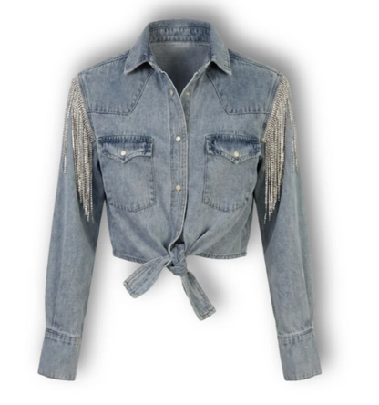 Daniel Diamond Rhinestone Fringe Free Dreaming Denim Tie Shirt - BUTTON FRONT