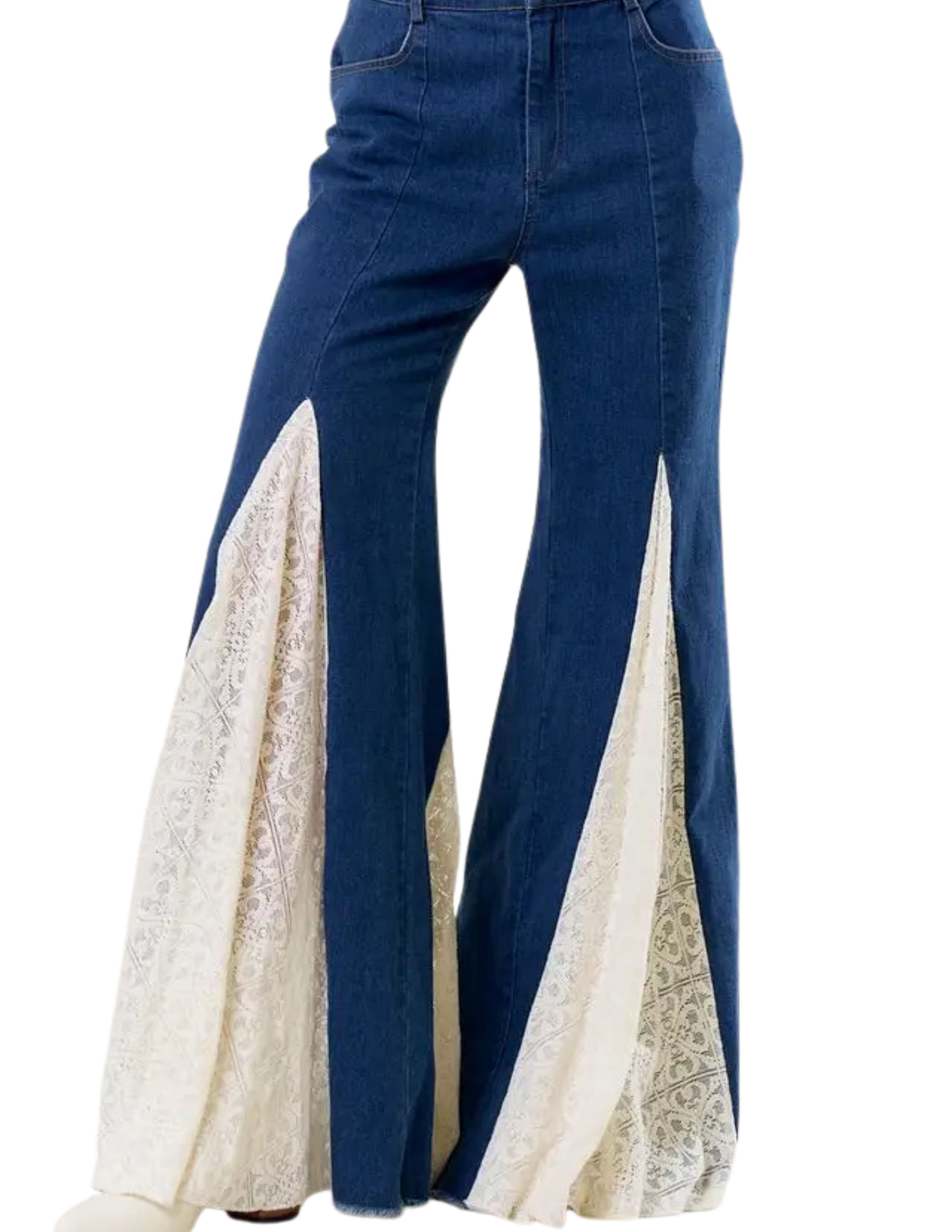 Lace Insert Bell Bottom Jeans - DENIM / SM - PANTS