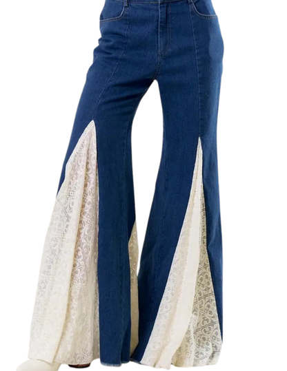 Lace Insert Bell Bottom Jeans - DENIM / SM - PANTS