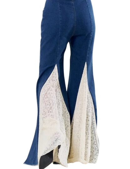 Lace Insert Bell Bottom Jeans - PANTS