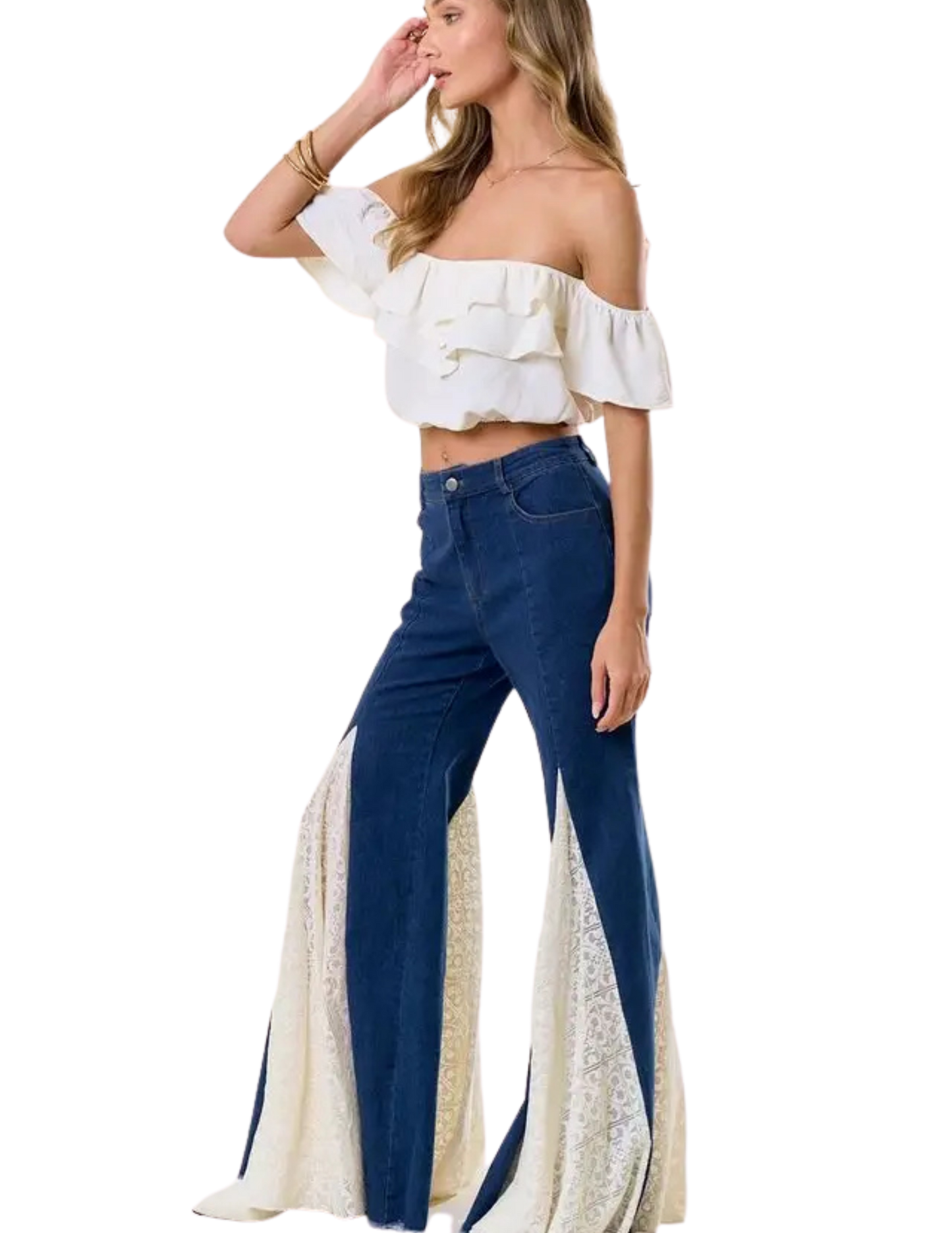 Lace Insert Bell Bottom Jeans - PANTS