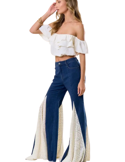 Lace Insert Bell Bottom Jeans - PANTS