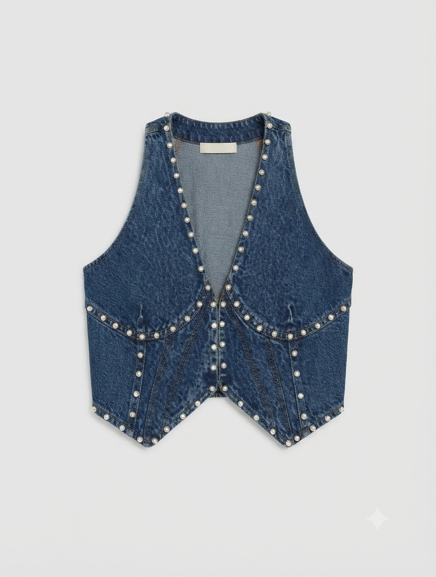 Studded Hook & Eye Denim Vest - VNECK