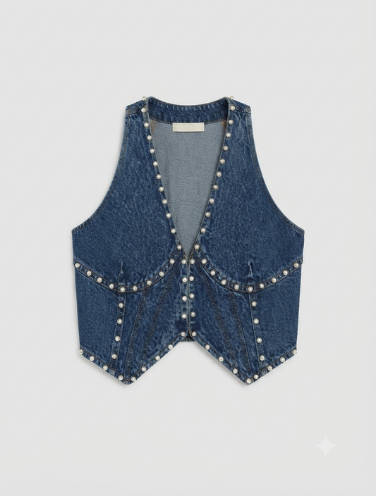 Studded Hook & Eye Denim Vest - VNECK