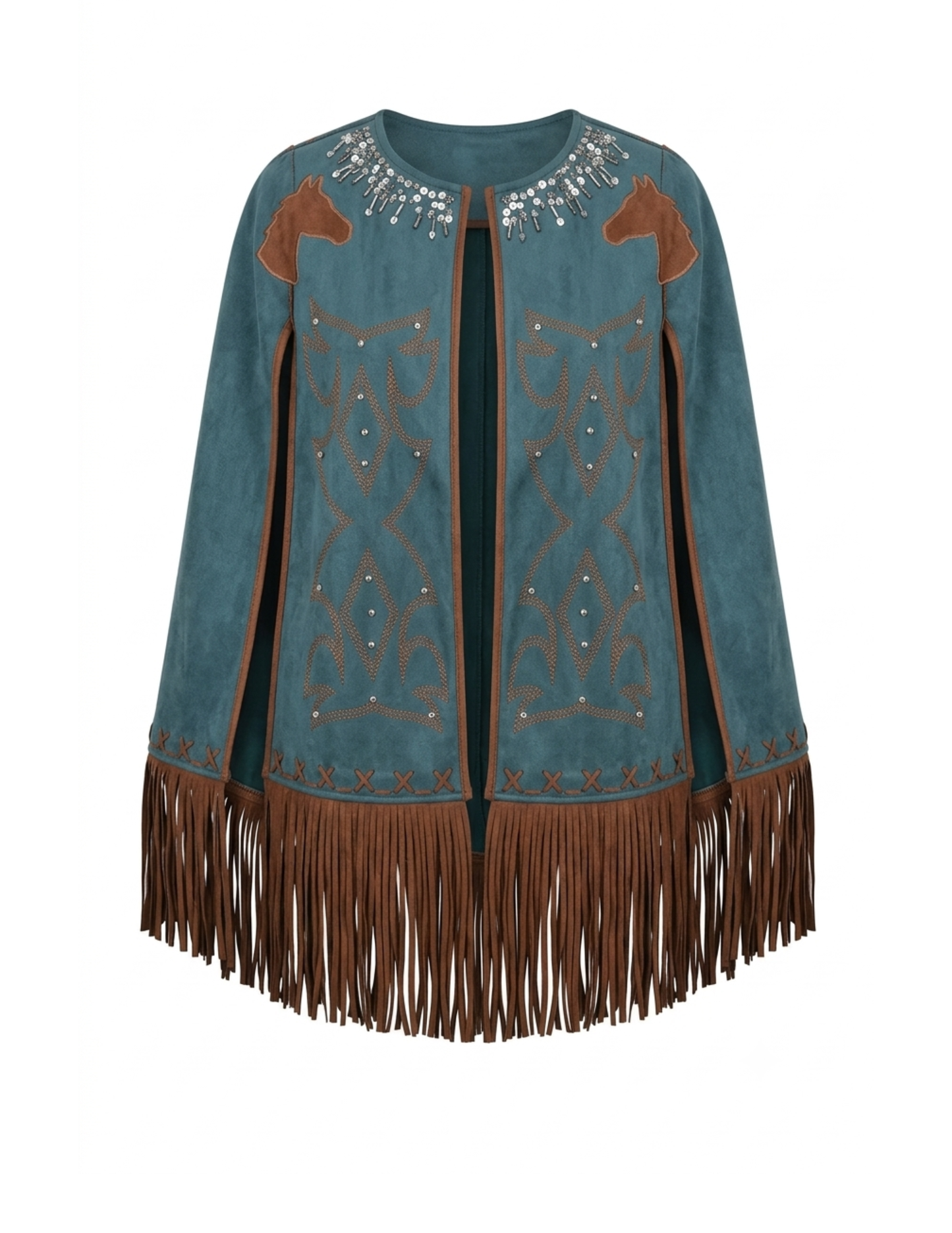 Western Embroidered Fringe Cape - TEAL / SM - JACKETS