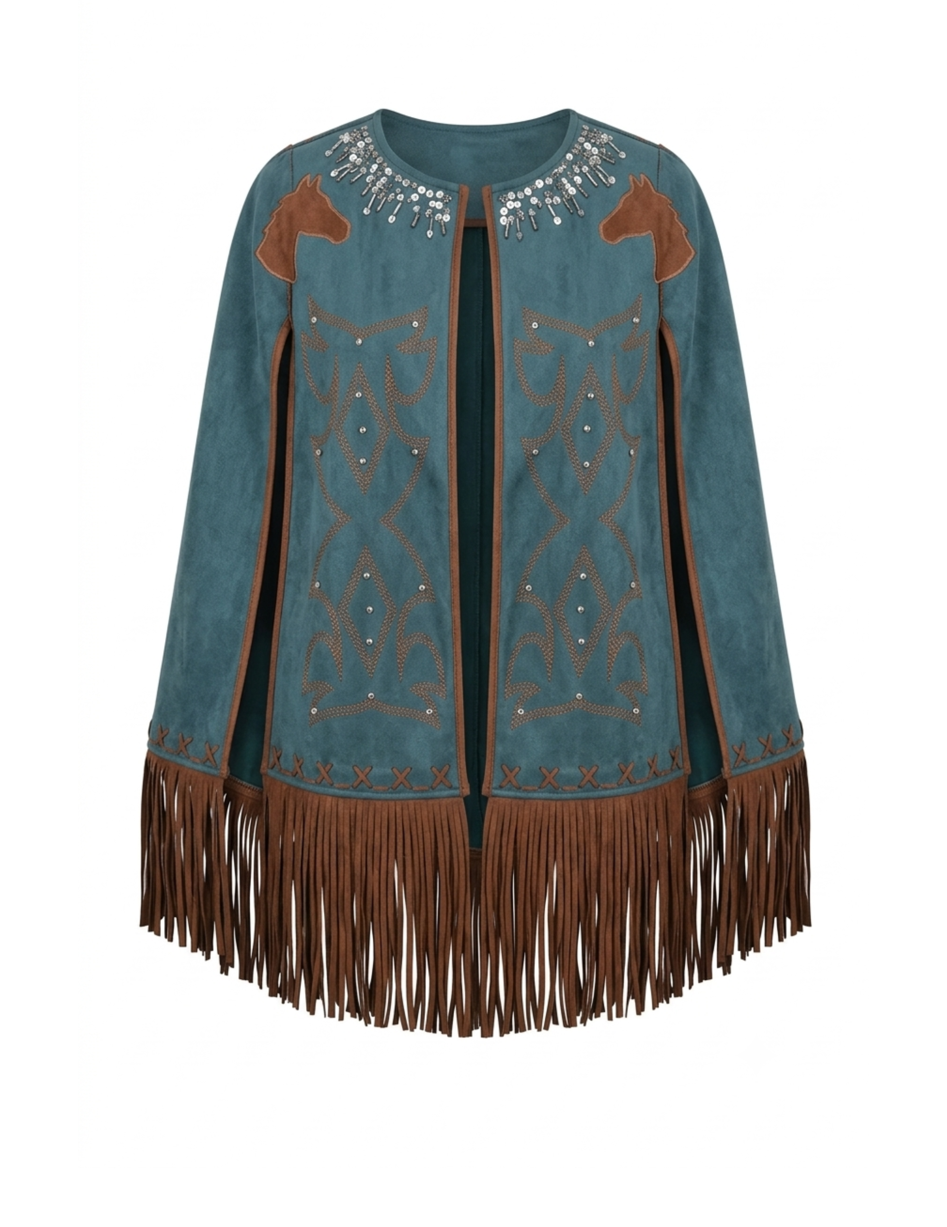 Western Embroidered Fringe Cape - TEAL / SM - JACKETS