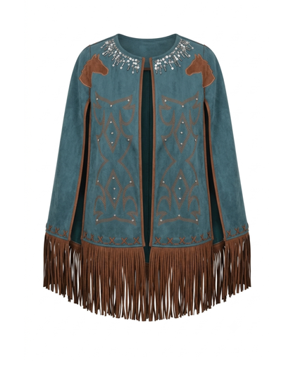 Western Embroidered Fringe Cape - TEAL / SM - JACKETS