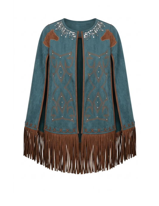 Western Embroidered Fringe Cape - TEAL / SM - JACKETS