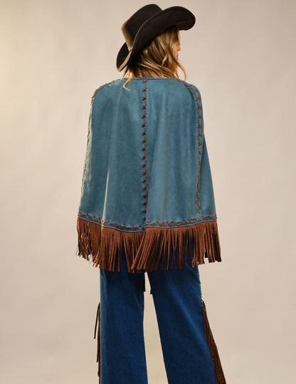 Western Embroidered Fringe Cape - JACKETS