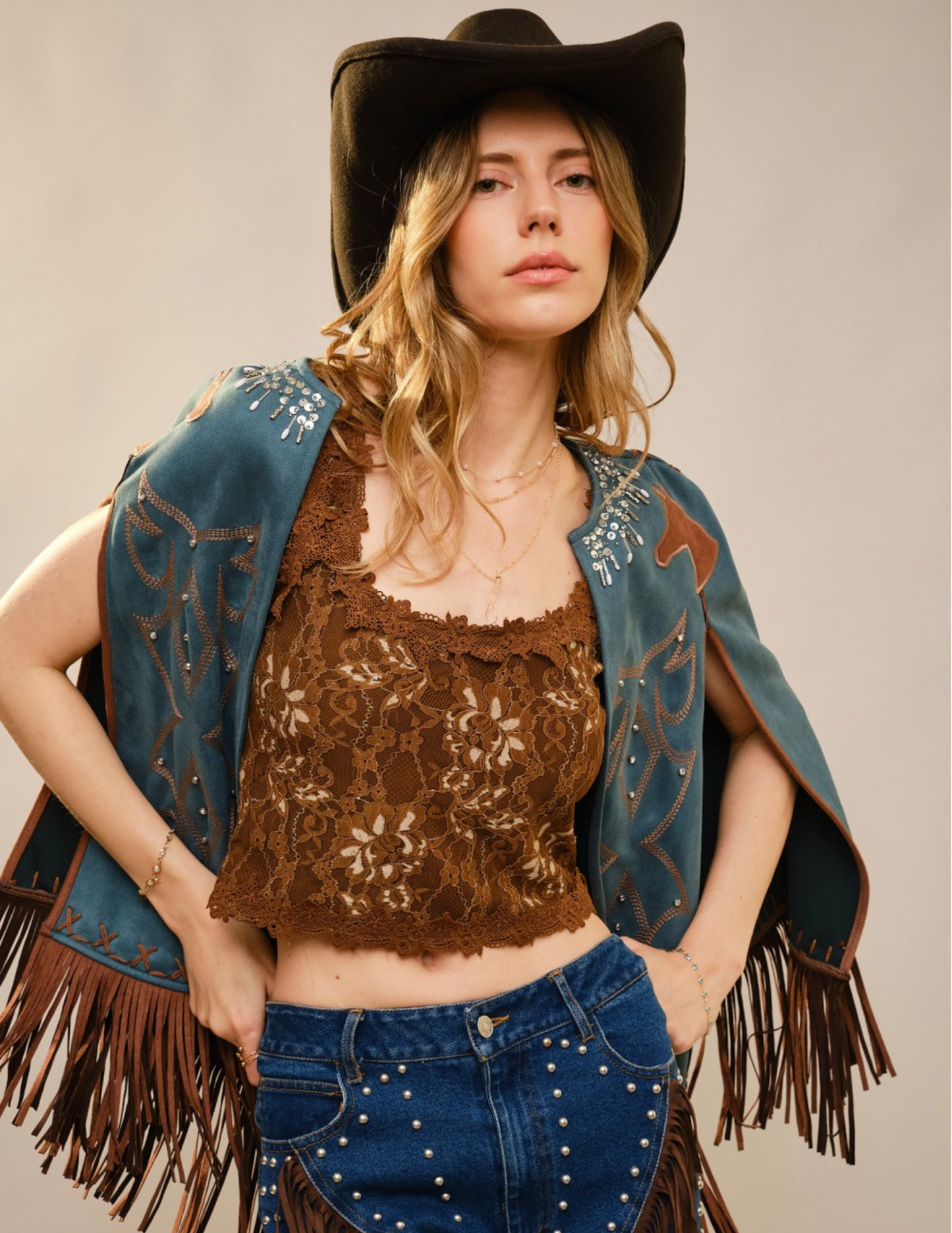 Western Embroidered Fringe Cape - JACKETS