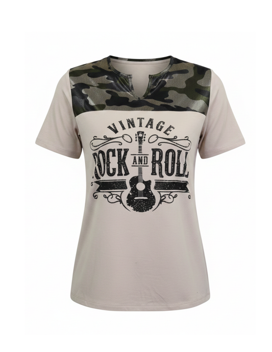 T-shirt with 'Vintage Rock and Roll' design and camouflage pattern on a white background