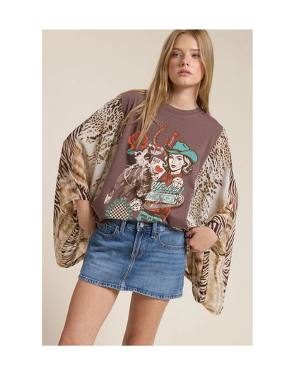 Western Vegas Motel Animal Print Kaftan Sleeve Top - MULTI_COLORED / SM - CREWS