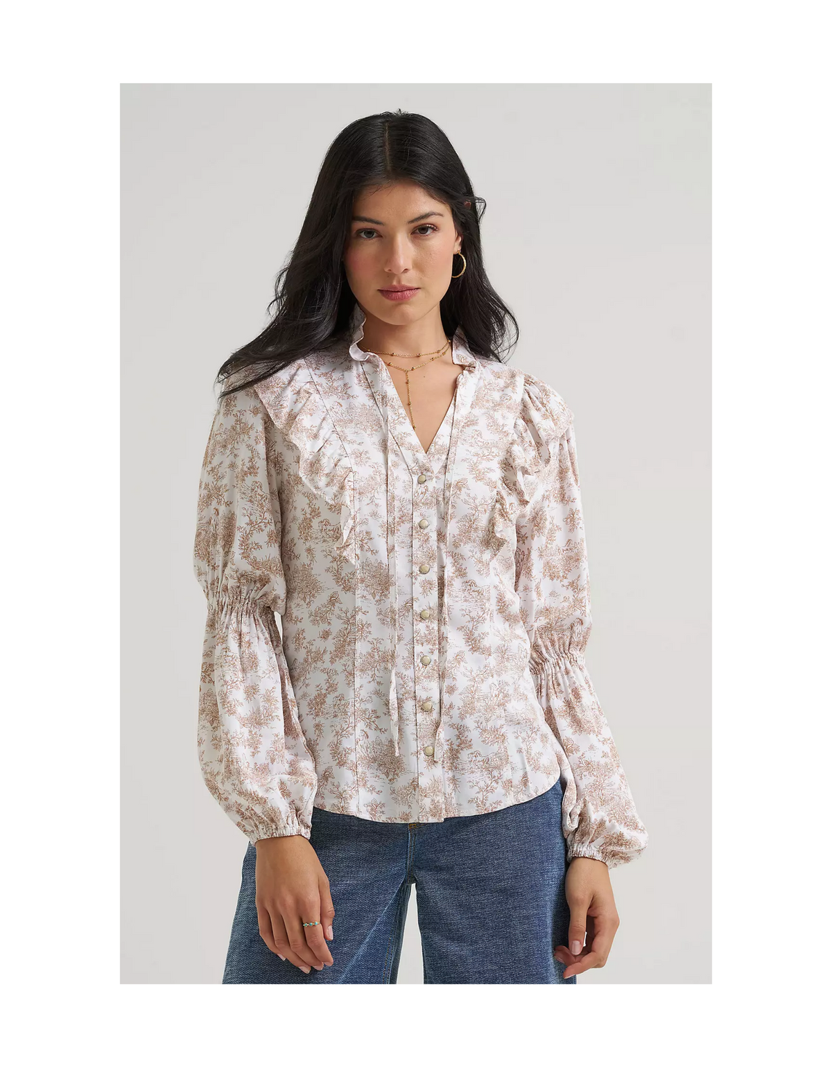 Wrangler x Lainey Wilson Folk Floral Ruffle Blouse - WHITE / XS - BUTTON FRONT