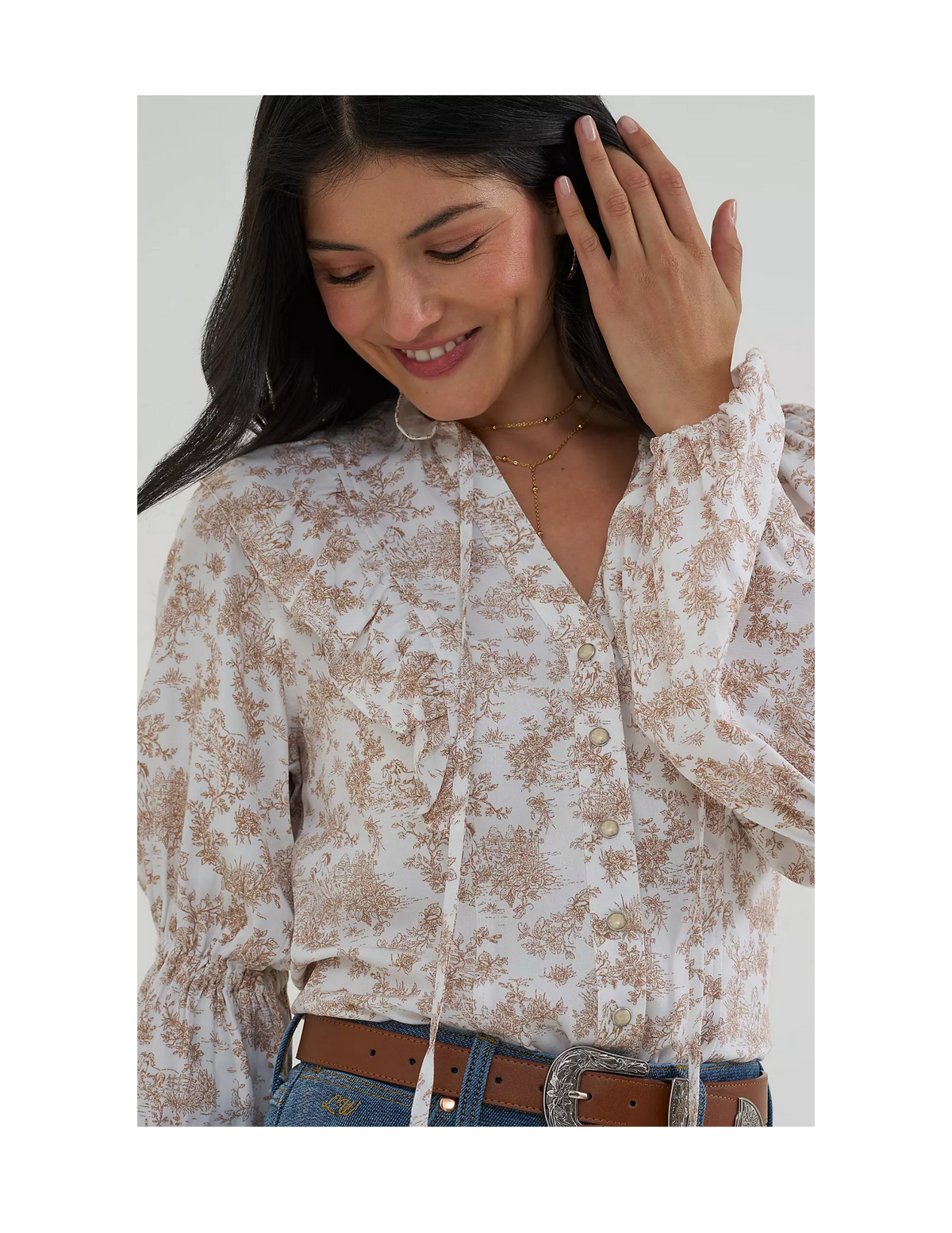 Wrangler x Lainey Wilson Folk Floral Ruffle Blouse - BUTTON FRONT