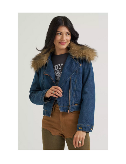 Wrangler x Lainey Wilson Fur Collar Denim Moto Jacket - DENIM / SM - JACKETS