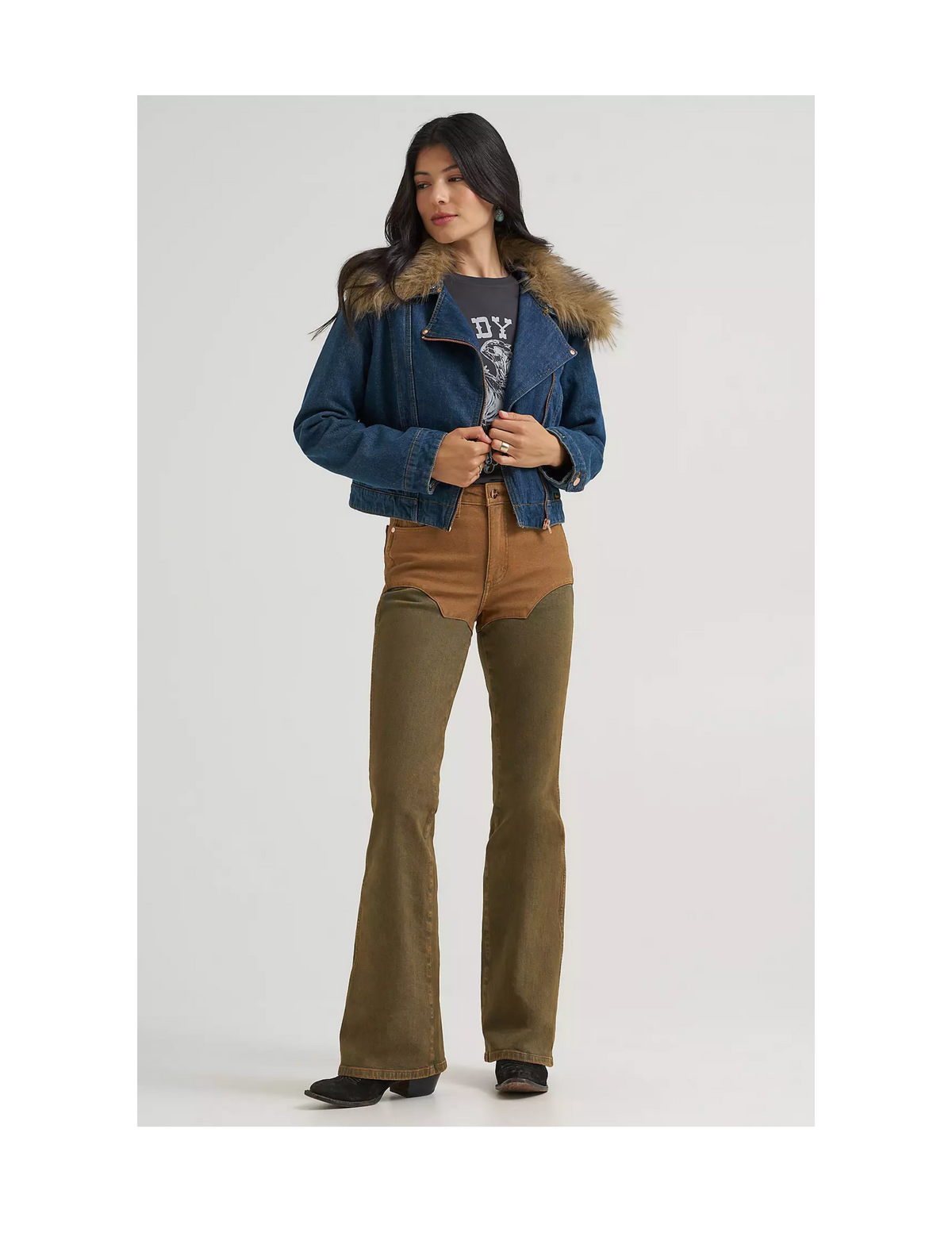 Wrangler x Lainey Wilson Fur Collar Denim Moto Jacket - JACKETS
