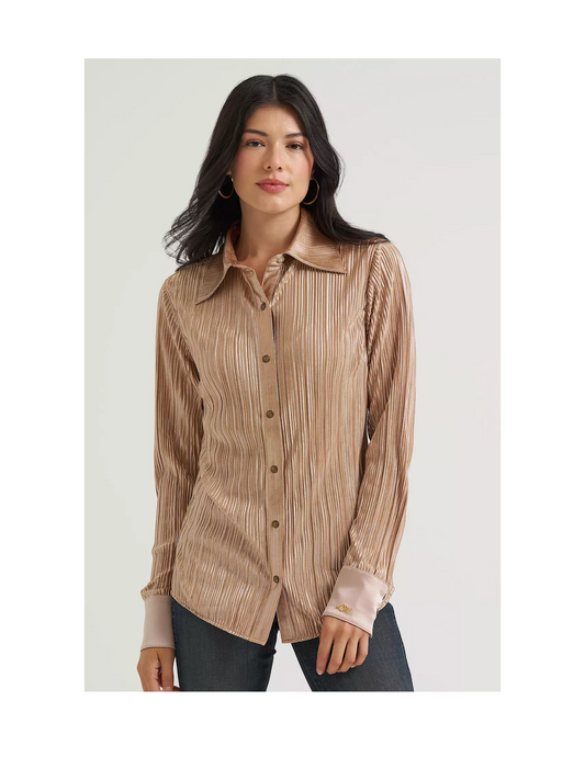 Wrangler x Lainey Wilson Pleated Snap Shirt Rose Gold - GOLD / XS - BUTTON FRONT