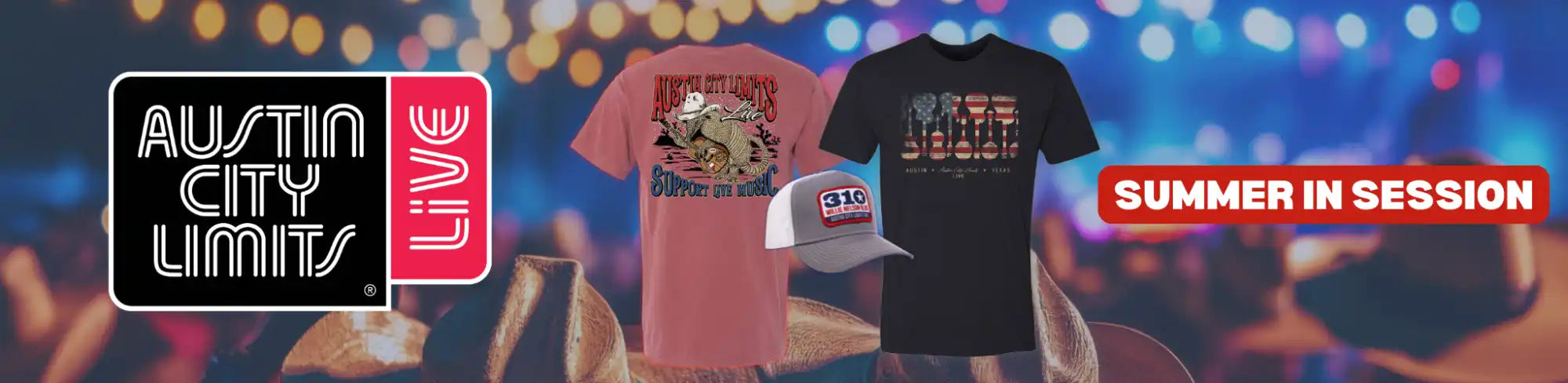 An advertisement for Austin City Limits merchandise, including t-shirts and a hat.