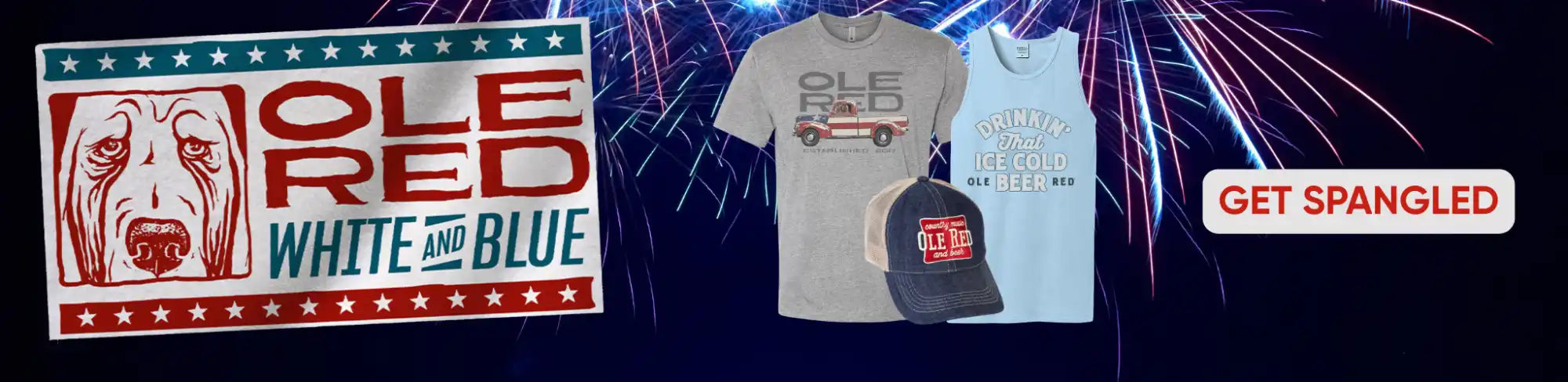 Apparel featuring an ’Ole Red, White and Blue’ theme with a basset hound graphic.