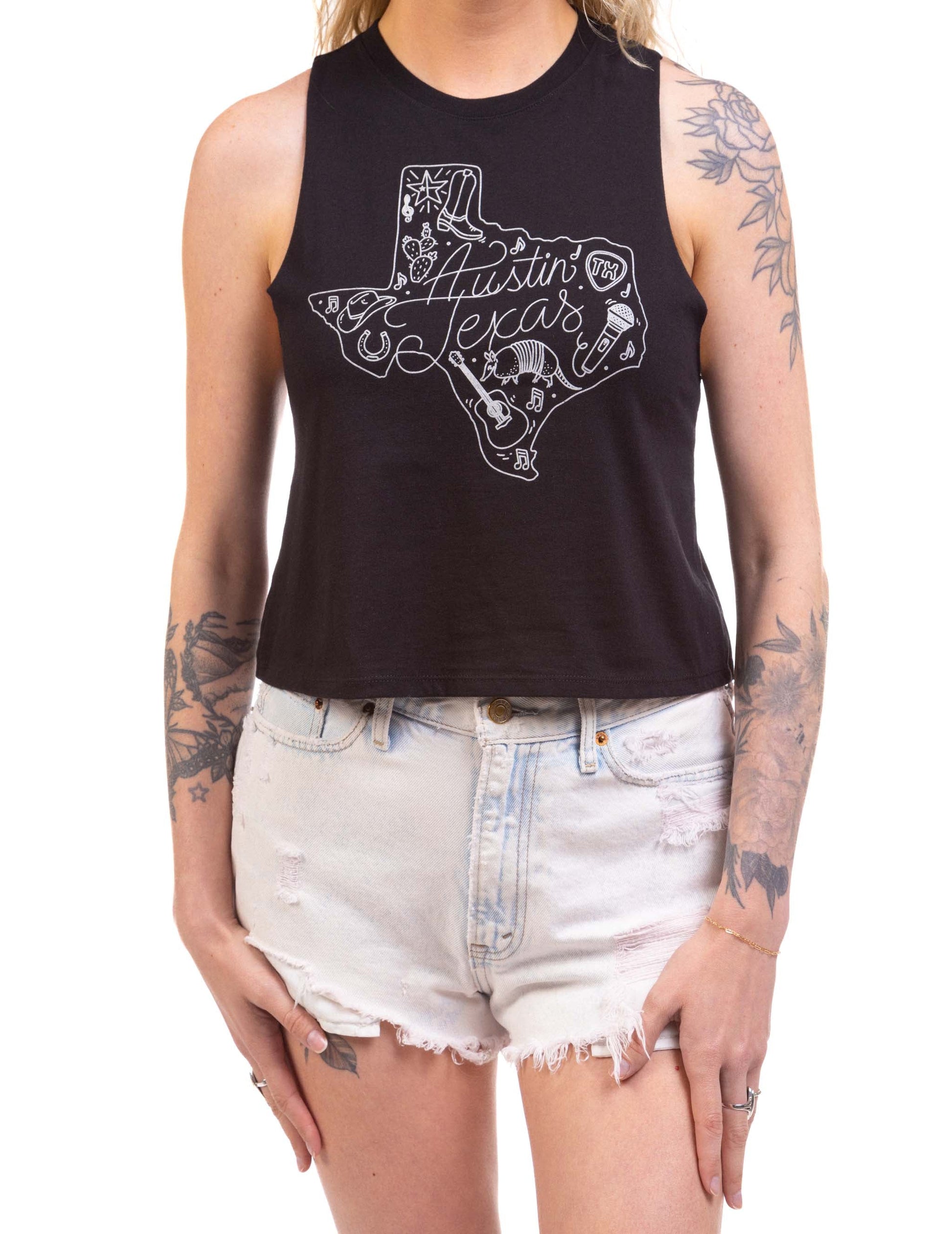 Austin Texas State Outline Cropped Tank - BLACK / SM - TANKS