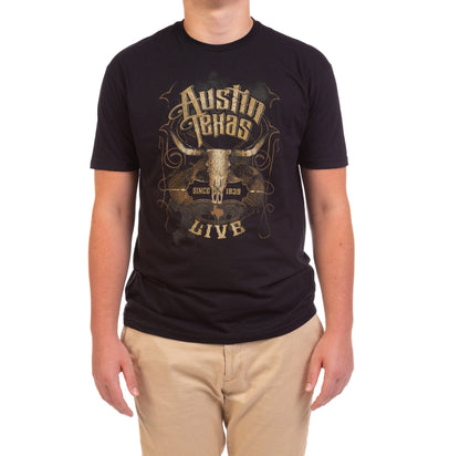 Austin Texas Steers and Scrolls T-Shirt - BLACK / SM - S/S