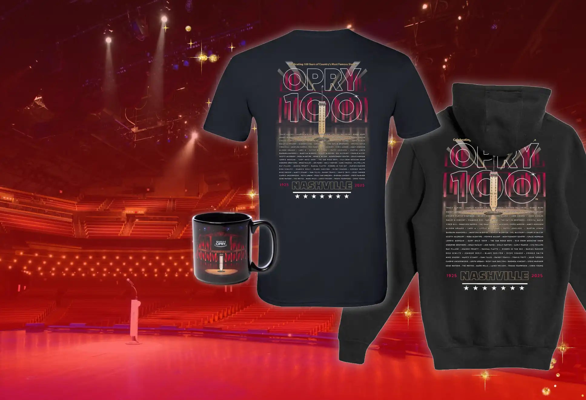 A black t-shirt, hoodie, and mug with ’OPRY 100’’ and a Grand Ole Opry microphone graphic.