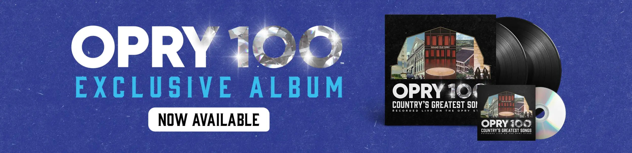 Black vinyl record with silver label and white text, featuring ’opry 100’’ branding.