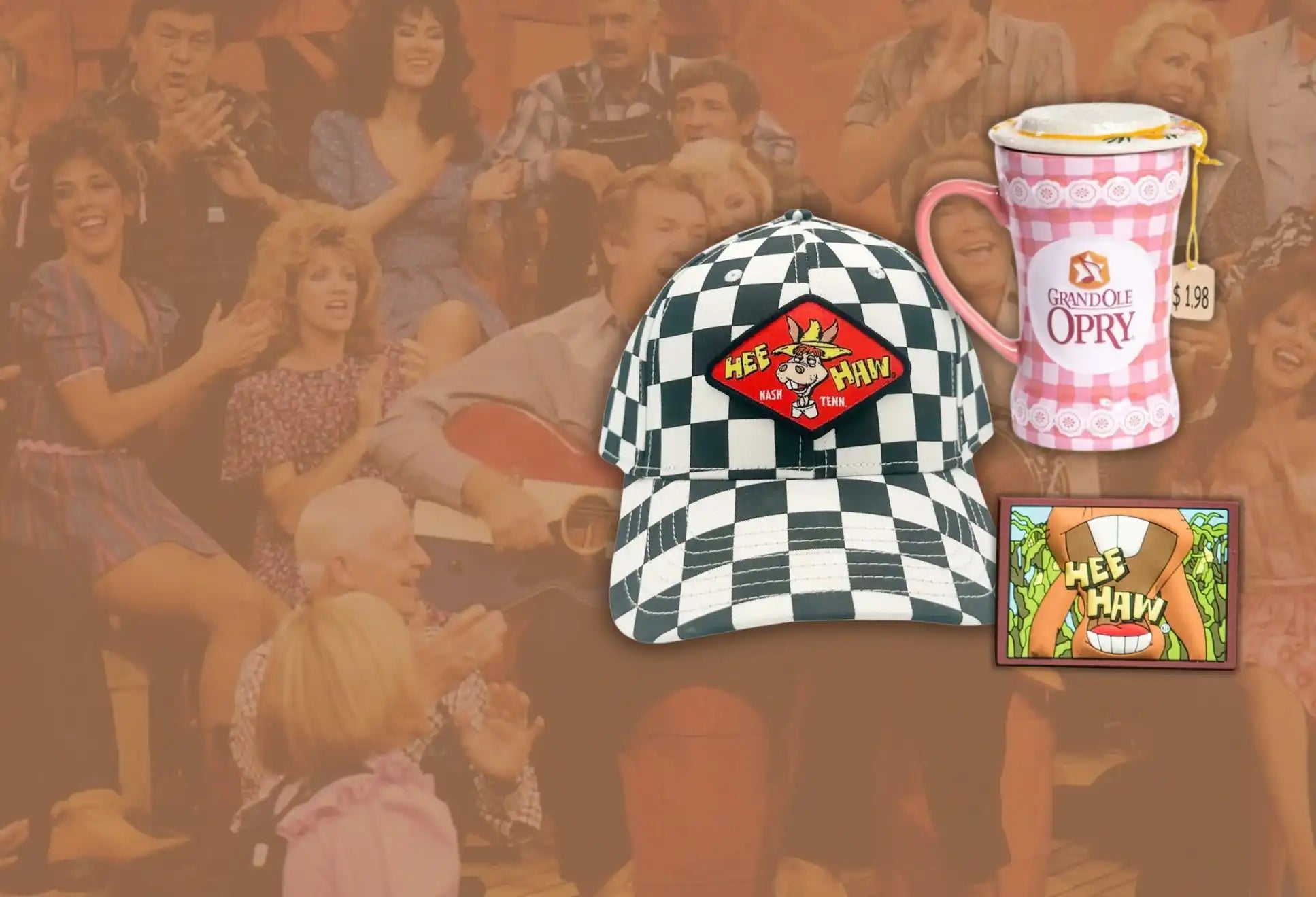 A black and white checkered baseball cap with a ’Hee Haw’ logo.