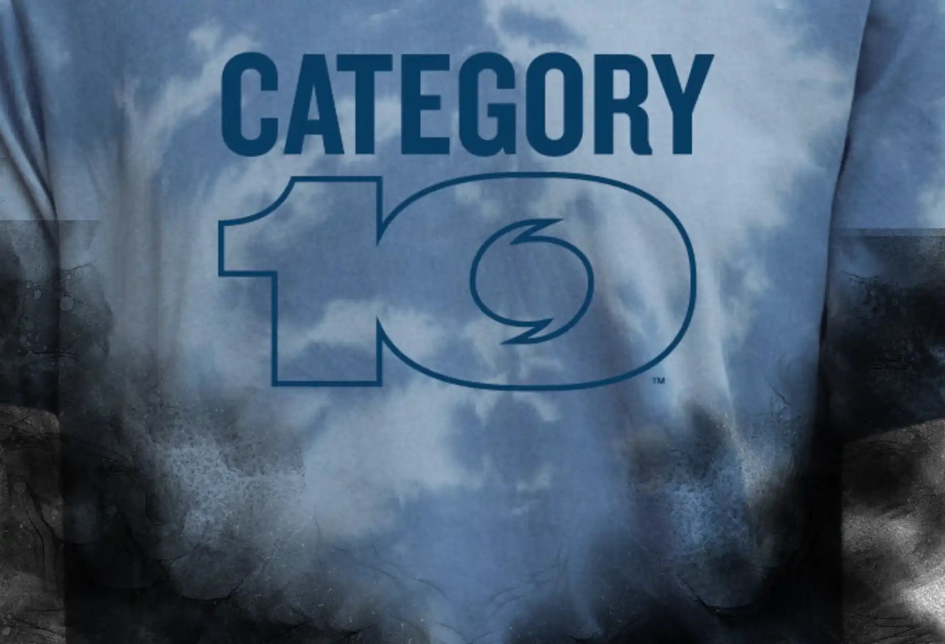 Blue tie-dye t-shirt with a ’CATEGORY 10’’ graphic.