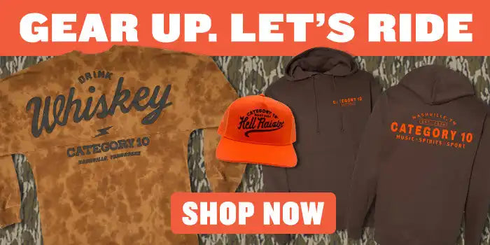 Category 10 whiskey camo t-shirt with orange hat and hoodie.