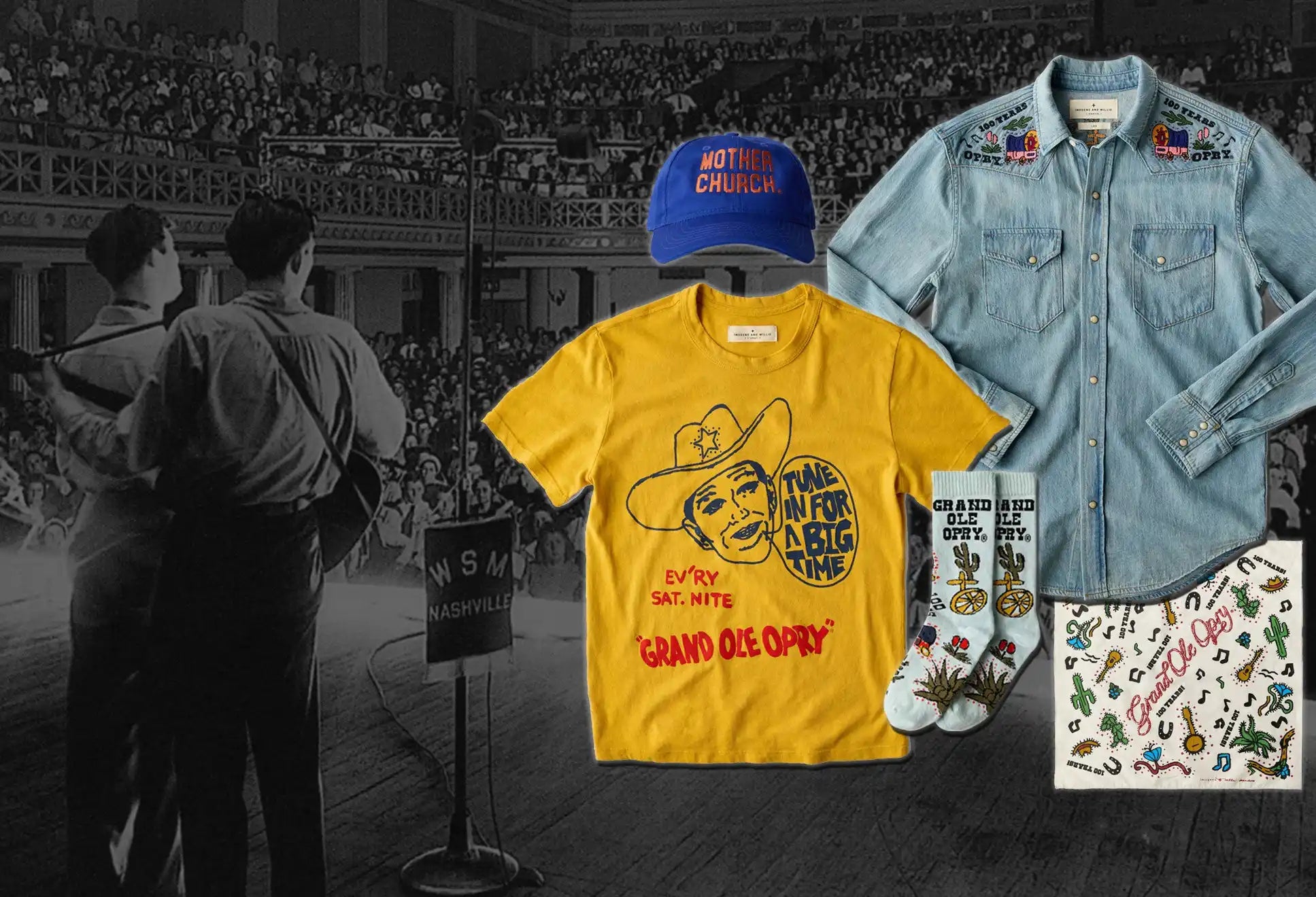 A collection of Grand Ole Opry branded apparel and accessories.