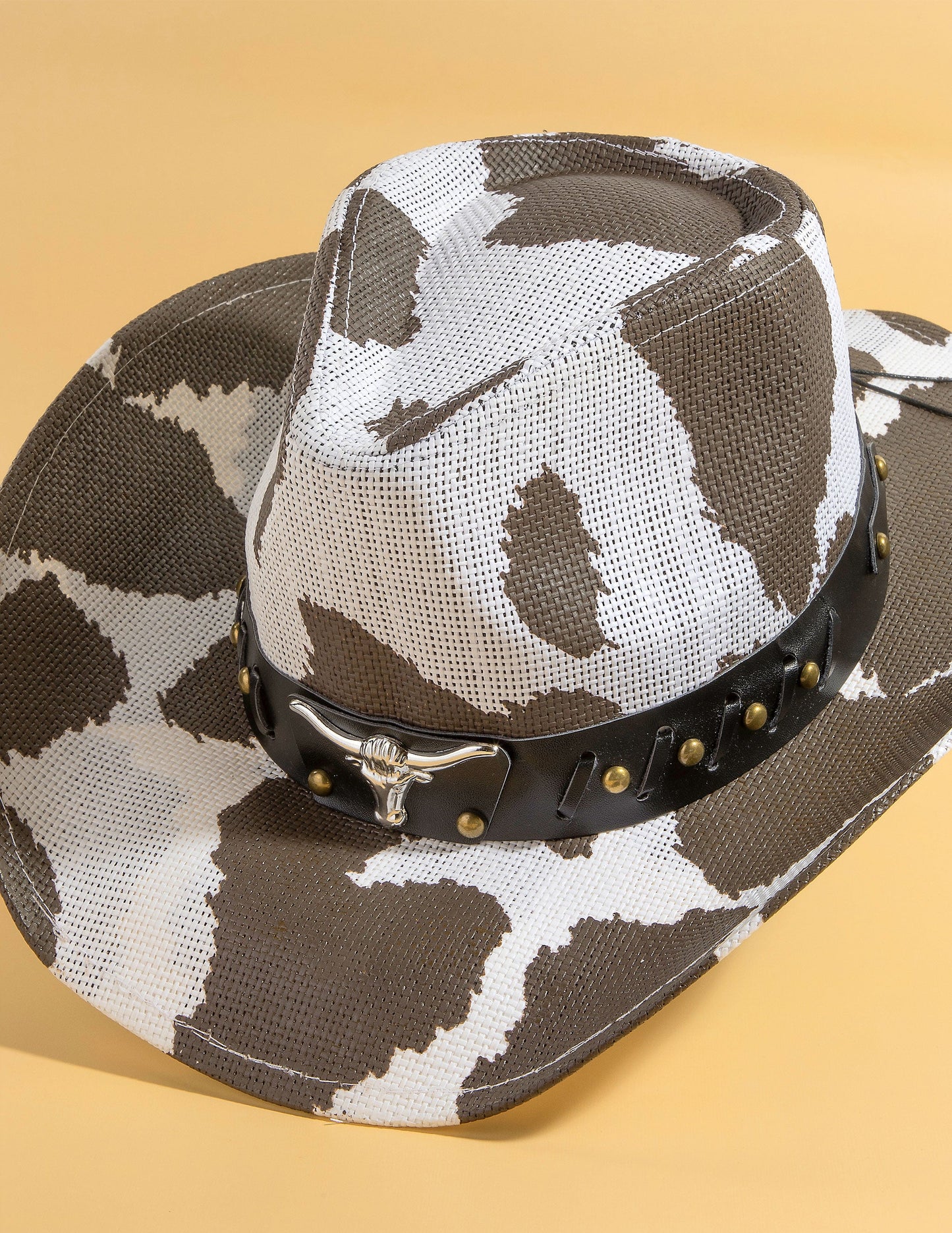 Cow Print Bull Head Strap Cowboy Hat - COWBOY
