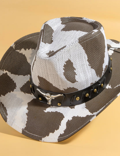 Cow Print Bull Head Strap Cowboy Hat - COWBOY