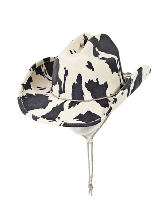 Cow Print Drawstring Cowboy Hat - HATS