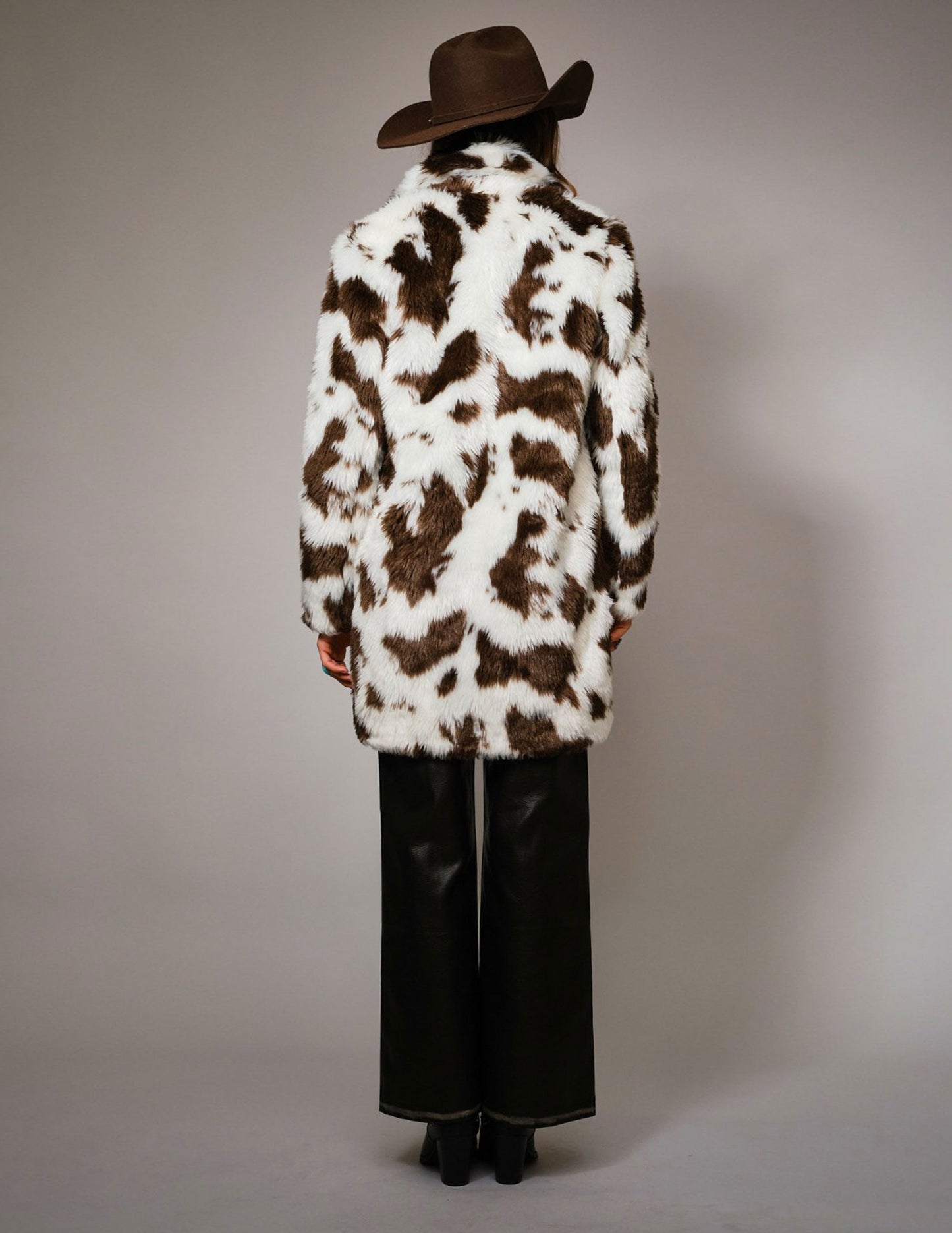 Cow Print Faux Fur Midi Coat - JACKETS
