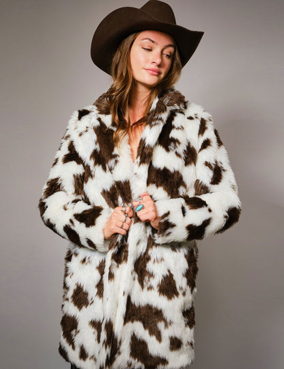 Cow Print Faux Fur Midi Coat - JACKETS