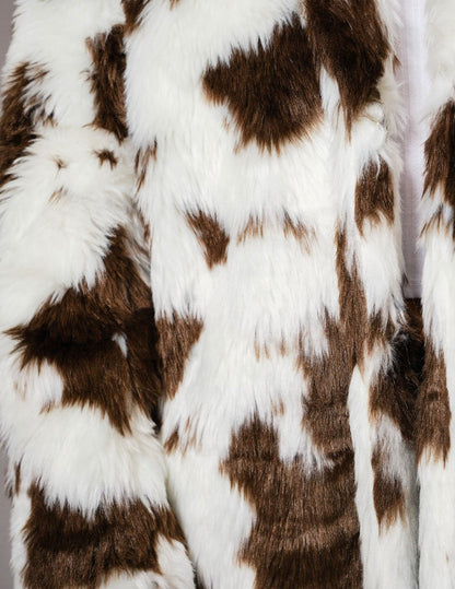 Cow Print Faux Fur Midi Coat - JACKETS