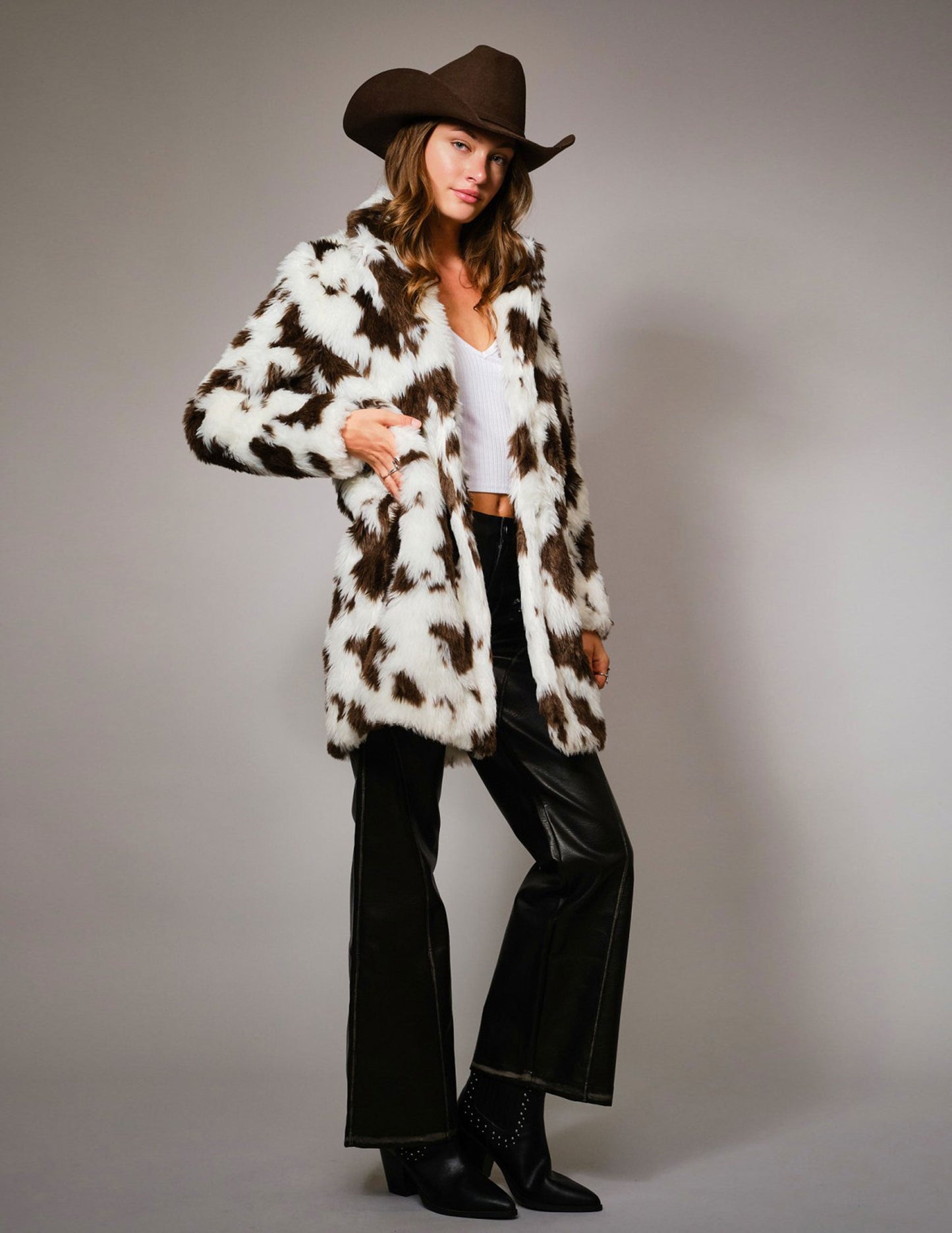 Cow Print Faux Fur Midi Coat - JACKETS