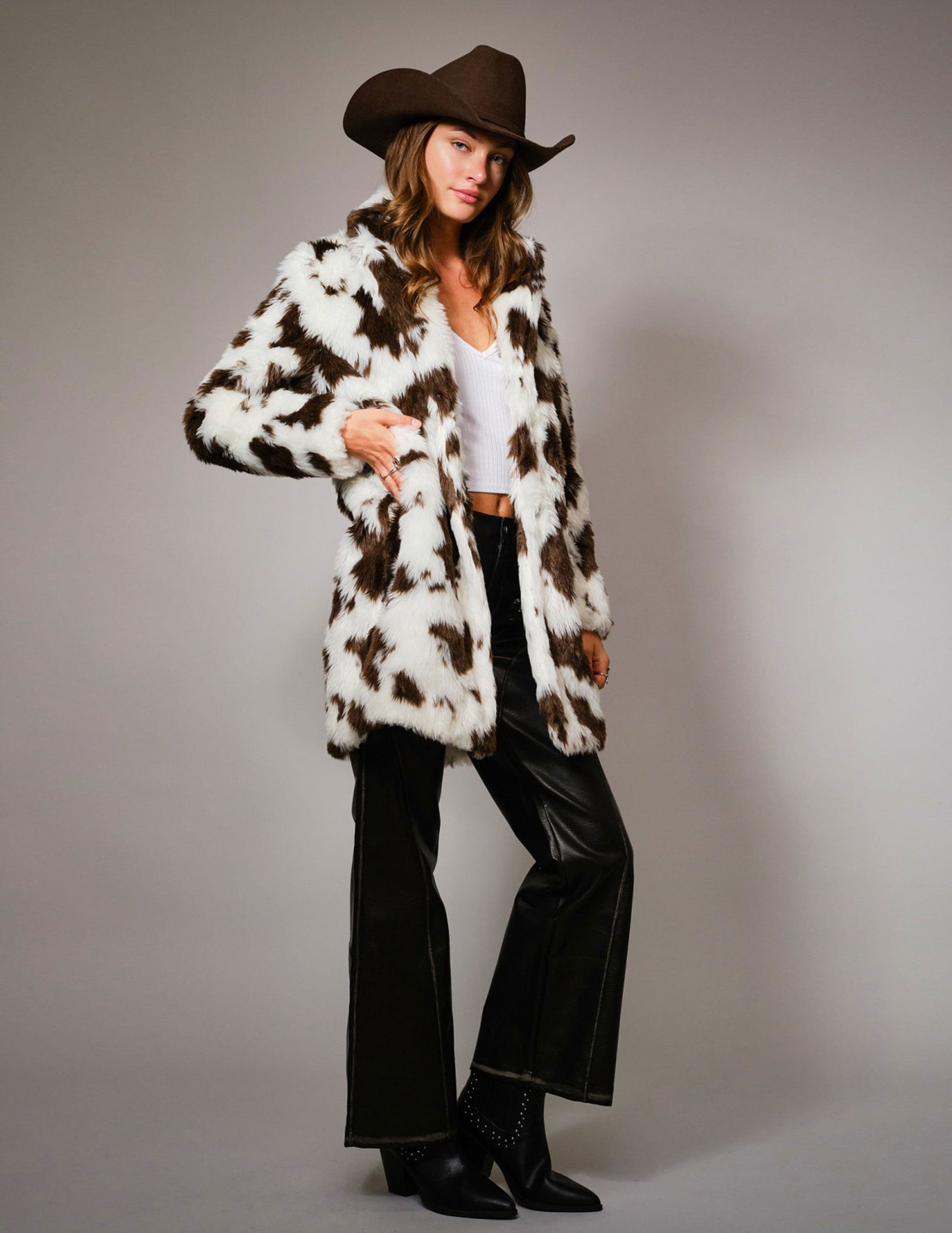 Cow Print Faux Fur Midi Coat - JACKETS