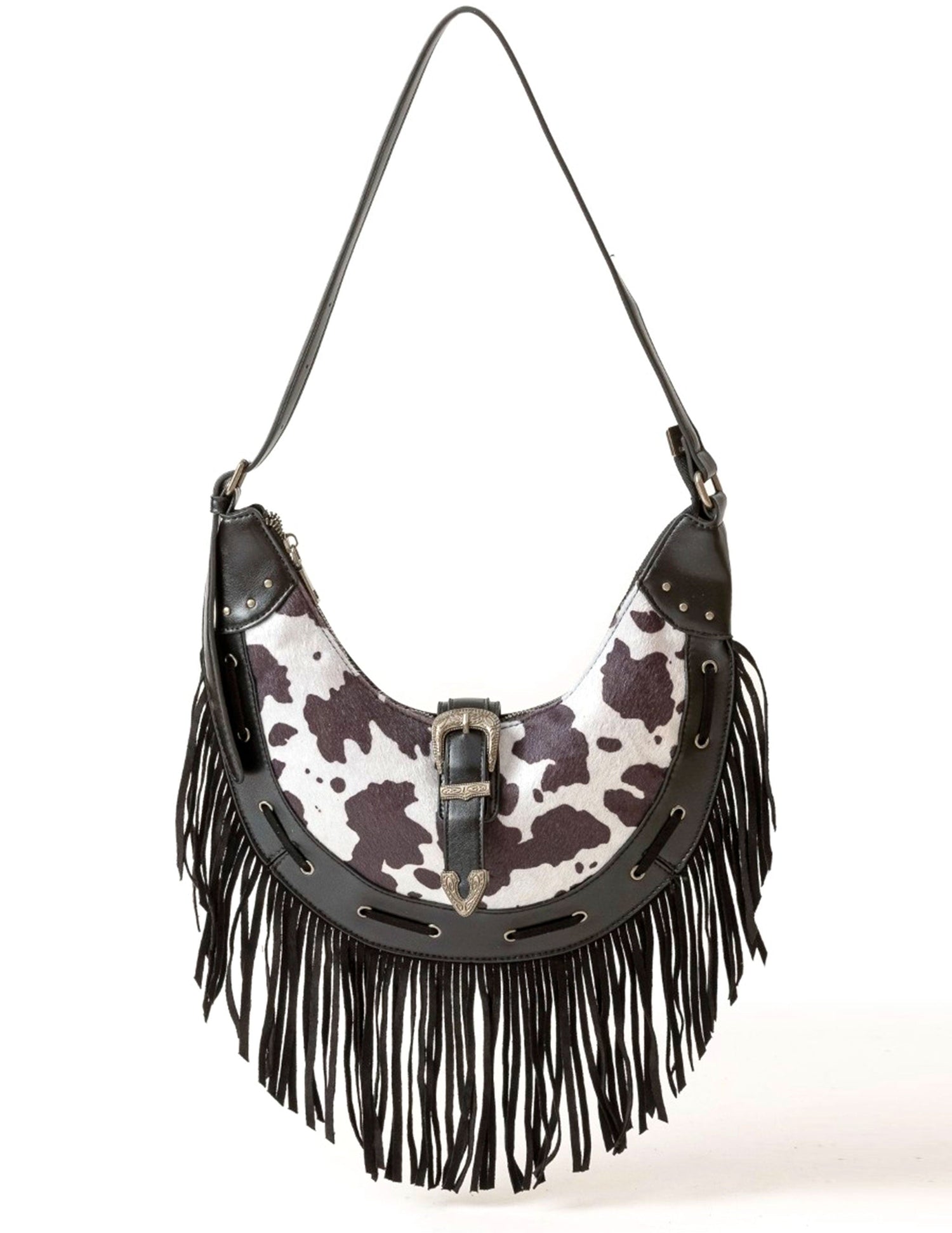 Cow Print Faux Leather Fringe Bag - HANDBAGS
