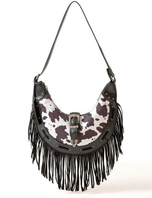 Cow Print Faux Leather Fringe Bag - HANDBAGS