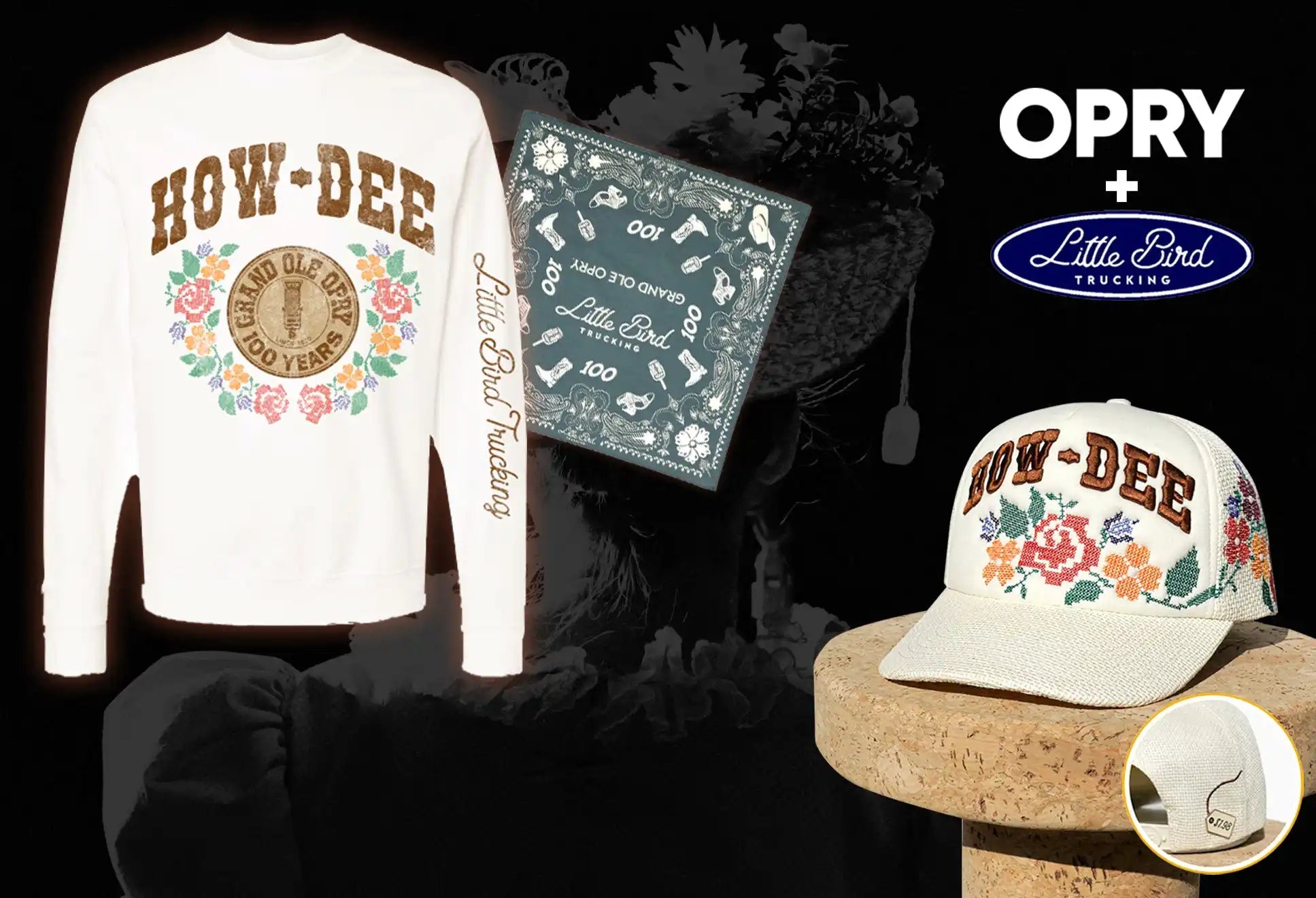 Cream-colored long-sleeved shirt with ’HOW-DEE’ and floral design.