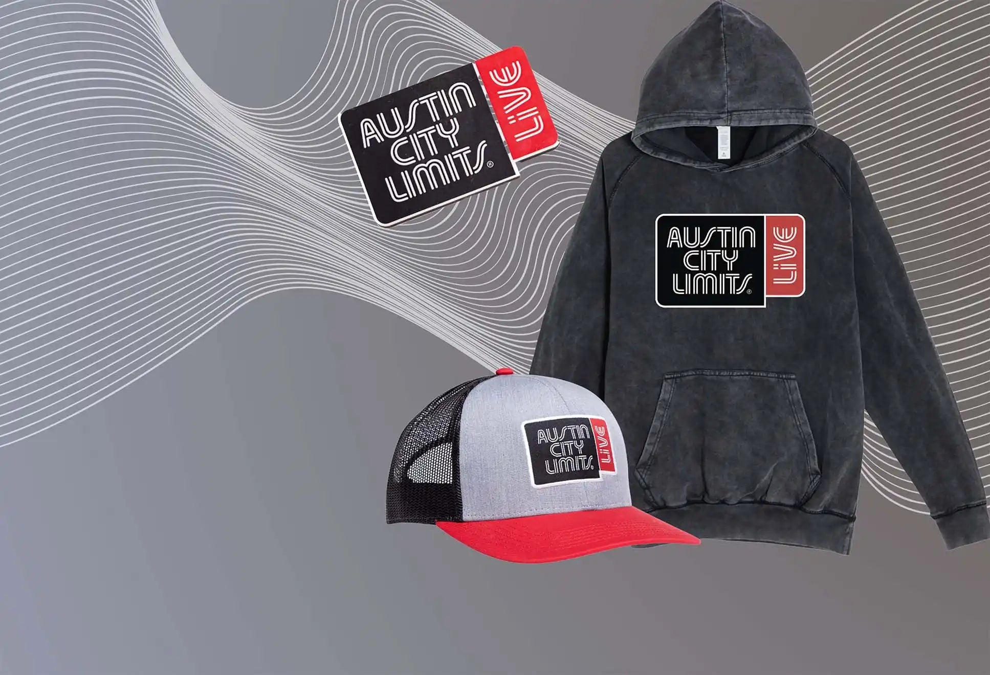 A dark gray hooded sweatshirt with a white and red ’Austin City Limits Live’ logo on the chest.